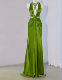 Green V-neck Sheath Satin Long Prom Dresses Formal Evening Gowns with Beading HZ1024