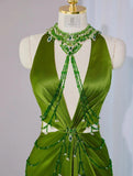 Green V-neck Sheath Satin Long Prom Dresses Formal Evening Gowns with Beading HZ1024