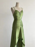 Green Spaghetti Strap Bodycon Satin Hi-Lo Long Prom Dresses Formal Evening Gowns HZ1024