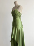 Green Spaghetti Strap Bodycon Satin Hi-Lo Long Prom Dresses Formal Evening Gowns HZ1024