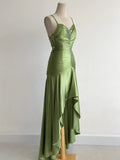 Green Spaghetti Strap Bodycon Satin Hi-Lo Long Prom Dresses Formal Evening Gowns HZ1024