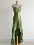 Green Spaghetti Strap Bodycon Satin Hi-Lo Long Prom Dresses Formal Evening Gowns HZ1024