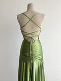 Green Spaghetti Strap Bodycon Satin Hi-Lo Long Prom Dresses Formal Evening Gowns HZ1024