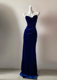 Navy Blue Strapless Mermaid Velvet Long Prom Dresses Formal Evening Gowns HZ1024