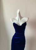 Navy Blue Strapless Mermaid Velvet Long Prom Dresses Formal Evening Gowns HZ1024