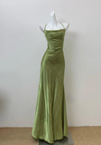 Olive Green Spaghetti Straps Mermaid Satin Long Prom Dresses Formal Evening Gowns With Backless HZ1024