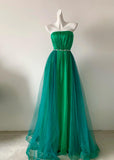 Green Strapless A-Line Chiffon Tulle Long Prom Dresses Formal Evening Gowns HZ1024