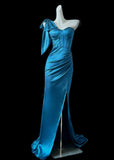 Blue One Shoulder Mermaid Satin Long Prom Dresses Formal Evening Gowns With Slits HZ1024