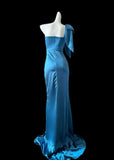 Blue One Shoulder Mermaid Satin Long Prom Dresses Formal Evening Gowns With Slits HZ1024