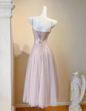 Blush Pink Spaghetti Straps A-Line Sequin Tulle Long Prom Dresses Birthday Evening Gowns HZ1024