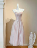 Blush Pink Spaghetti Straps A-Line Sequin Tulle Long Prom Dresses Birthday Evening Gowns HZ1024