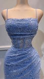 Glitter Blue Spaghetti Straps Bodycon Tulle Lace Short Prom Dresses Birthday Party Dress with Sequins HZ1024