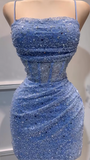 Glitter Blue Spaghetti Straps Bodycon Tulle Lace Short Prom Dresses Birthday Party Dress with Sequins HZ1024