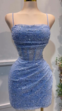 Glitter Blue Spaghetti Straps Bodycon Tulle Lace Short Prom Dresses Birthday Party Dress with Sequins HZ1024