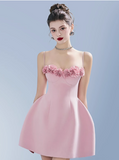 Spaghetti Straps A-Line Satin Prom Dresses Short Party Dress with Applique HZ1024