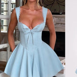Blue Square Neck A-Line Satin Short Prom Dresses Sweet Homecoming Dress HZ1024
