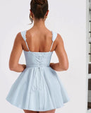 Blue Square Neck A-Line Satin Short Prom Dresses Sweet Homecoming Dress HZ1024