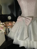 Pink Spaghetti Straps A-Line Glitter Satin Tulle Short Prom Dresses Homecoming Dress With Bow HZ1024