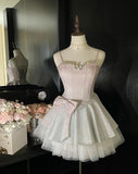 Pink Spaghetti Straps A-Line Glitter Satin Tulle Short Prom Dresses Homecoming Dress With Bow HZ1024