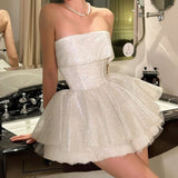 Silver White Strapless A-Line Glitter Tulle Short Party Dresses Homecoming Dress HZ1024
