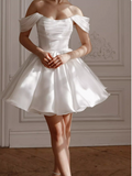 White Off-Shoulder A-Line Satin Short Party Dresses Homecoming Dress HZ1024