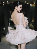 White Tulle A-Line Square Neck Polka Dot Short Prom Dresses Elegant Party Dresses HZ1024