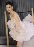 White Tulle A-Line Square Neck Polka Dot Short Prom Dresses Elegant Party Dresses HZ1024