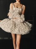 White Tulle A-Line Square Neck Polka Dot Short Prom Dresses Elegant Party Dresses HZ1024