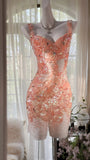 Orange Pink V-Neck A-Line Beaded Short Prom Dresses HZ1024