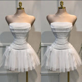 White Strapless A-Line Tulle Short Prom Dresses Fashion Homecoming Dress HZ1024