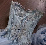Light Blue Strapless A-Line Chiffon Long Prom Dresses Elegant Formal Evening Gowns HZ1024