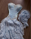 Light Blue Strapless A-Line Chiffon Long Prom Dresses Elegant Formal Evening Gowns HZ1024