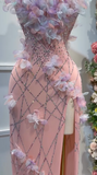 Pink Strapless Bodycon Chiffon Sequin Long Prom Dresses Formal Evening Gowns with Appliques HZ1024