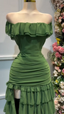 Forest Green Off-the-shoulder Bodycon Chiffon Tiered Long Party Dresses Evening Gowns with Slits HZ1024