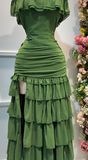 Forest Green Off-the-shoulder Bodycon Chiffon Tiered Long Party Dresses Evening Gowns with Slits HZ1024