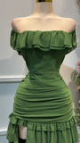 Forest Green Off-the-shoulder Bodycon Chiffon Tiered Long Party Dresses Evening Gowns with Slits HZ1024