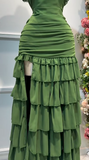 Forest Green Off-the-shoulder Bodycon Chiffon Tiered Long Party Dresses Evening Gowns with Slits HZ1024