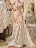 White Strapless Mermaid Tulle Applique Long Prom Dresses Formal Evening Gowns HZ1024