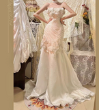 White Strapless Mermaid Tulle Applique Long Prom Dresses Formal Evening Gowns HZ1024