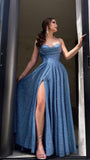 Navy Blue Sweetheart Neck A-Line Glitter Sequins Long Prom Dresses Evening Gowns with Open Back HZ1024