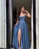 Navy Blue Sweetheart Neck A-Line Glitter Sequins Long Prom Dresses Evening Gowns with Open Back HZ1024
