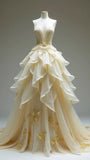 Apricot Deep V Neck A-Line Layered Tulle Long Prom Dresses Formal Evening Gowns HZ1024