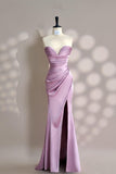 Pink Sweetheart Neck Mermaid Satin Long Prom Dresses Formal Evening Gowns with Slits HZ1024