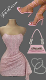 Pink Strapless Bodycon Short Prom Dresses Glitter Sequin Homecoming Dresses HZ1024