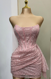 Pink Strapless Bodycon Short Prom Dresses Glitter Sequin Homecoming Dresses HZ1024
