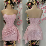 Pink Strapless Bodycon Short Prom Dresses Glitter Sequin Homecoming Dresses HZ1024