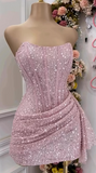 Pink Strapless Bodycon Short Prom Dresses Glitter Sequin Homecoming Dresses HZ1024