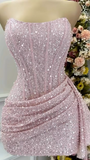 Pink Strapless Bodycon Short Prom Dresses Glitter Sequin Homecoming Dresses HZ1024