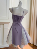 Lavender Spaghetti Straps A-Line Satin Short Prom Dresses Glitter Tulle Homecoming Dresses with Bows HZ1024