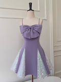 Lavender Spaghetti Straps A-Line Satin Short Prom Dresses Glitter Tulle Homecoming Dresses with Bows HZ1024